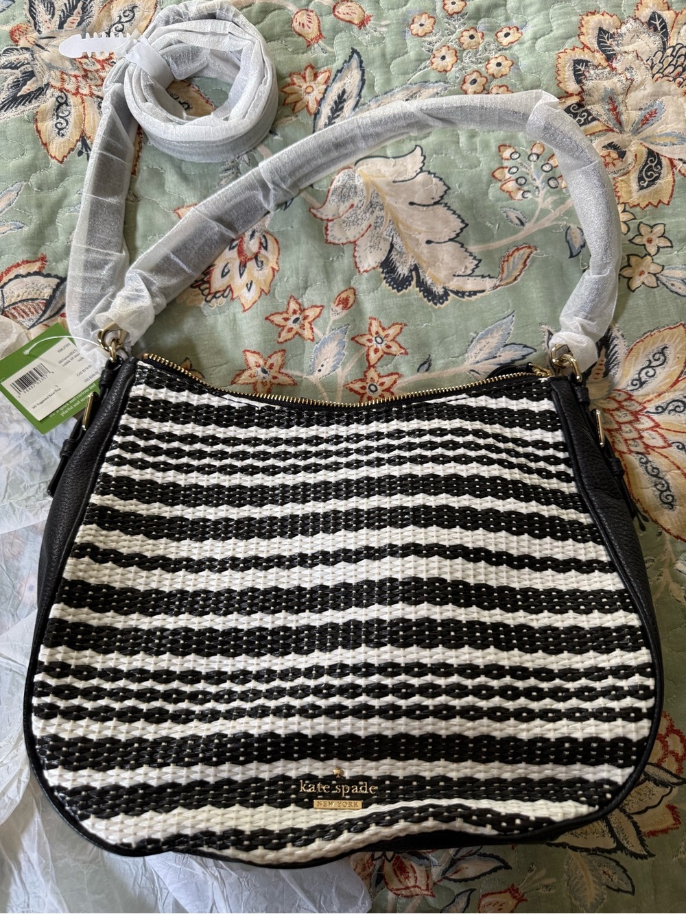 Kate Spade Cobble Hill Straw Black White Striped Mylie Shoulder crossbody Bag